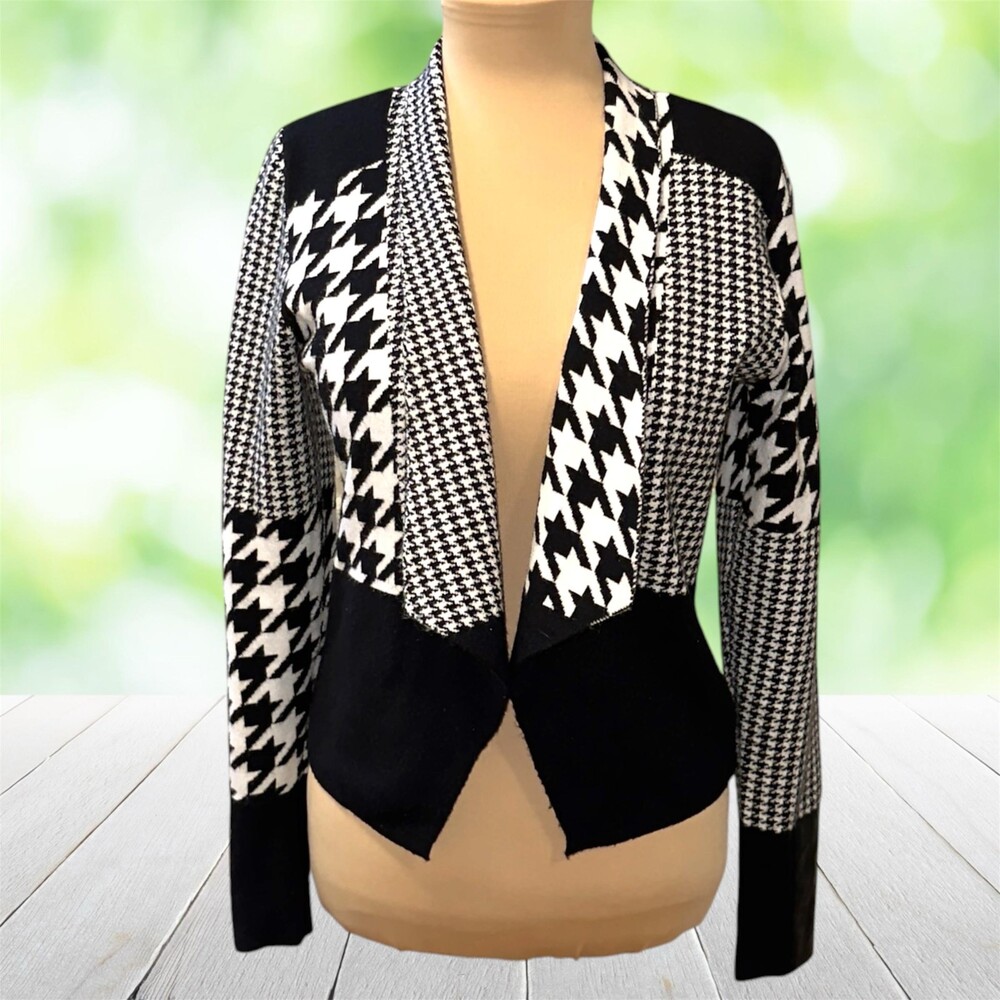 RACHEL ZOE Knit Blazer Houndstooth Patchwork Faux Leather Black White Size S